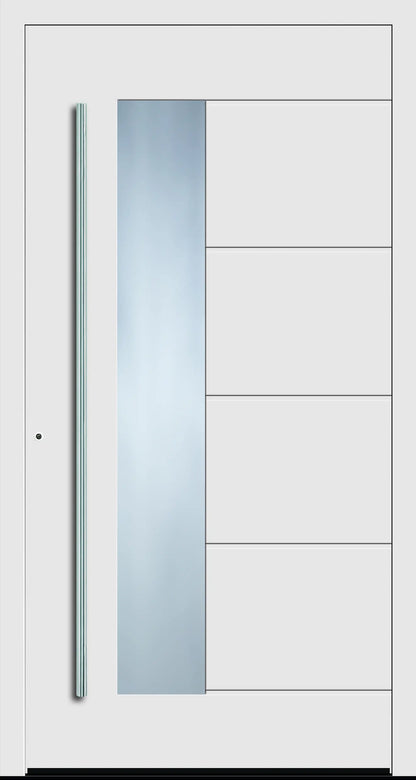Aluminium Haustür mit seitlich versetzen Glas und fünf eingelassenen Nuten in Verkehrsweiß Dreh Links