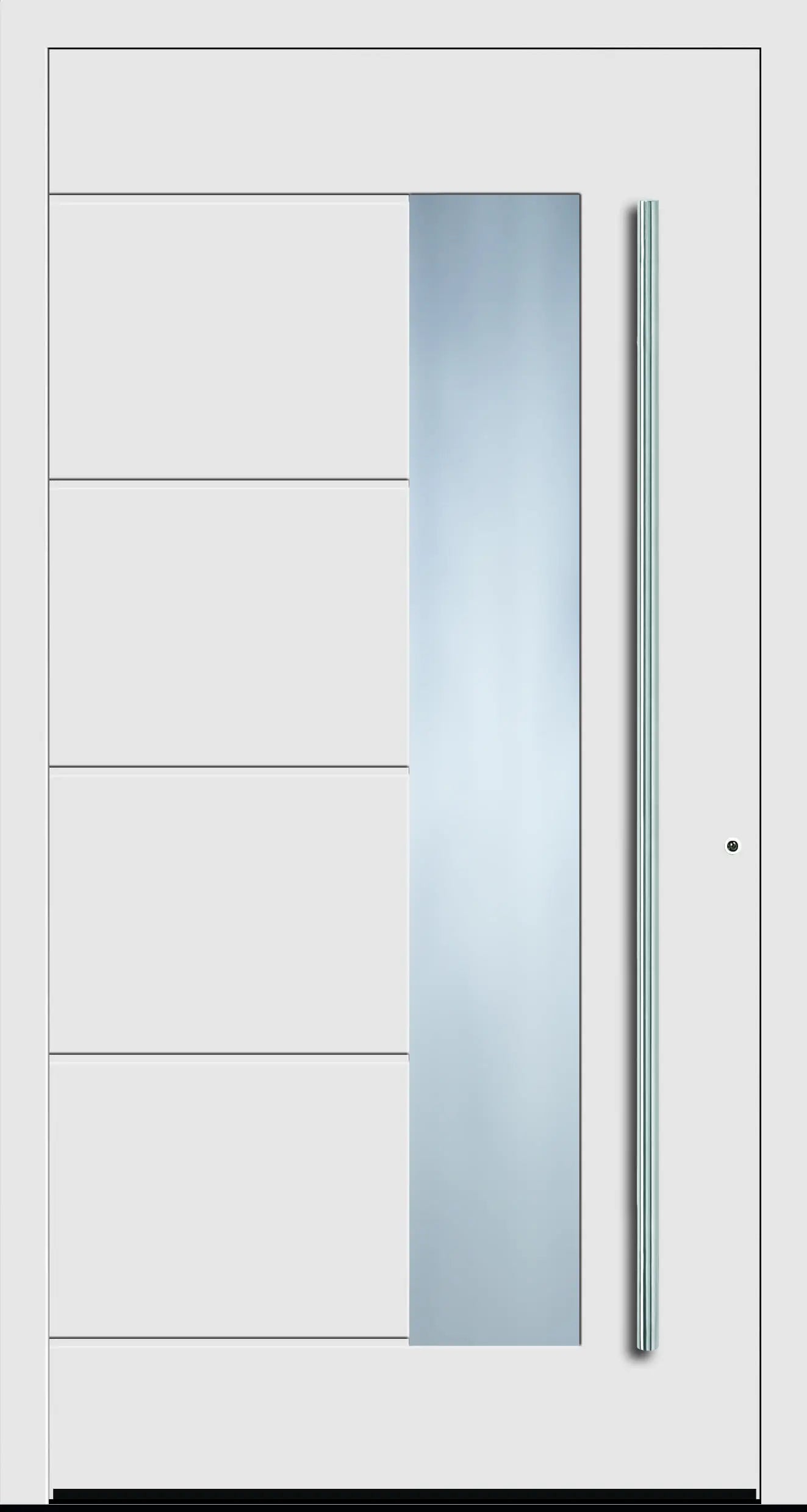 Aluminium Haustür mit seitlich versetzen Glas und fünf eingelassenen Nuten in Verkehrsweiß Dreh Rechts