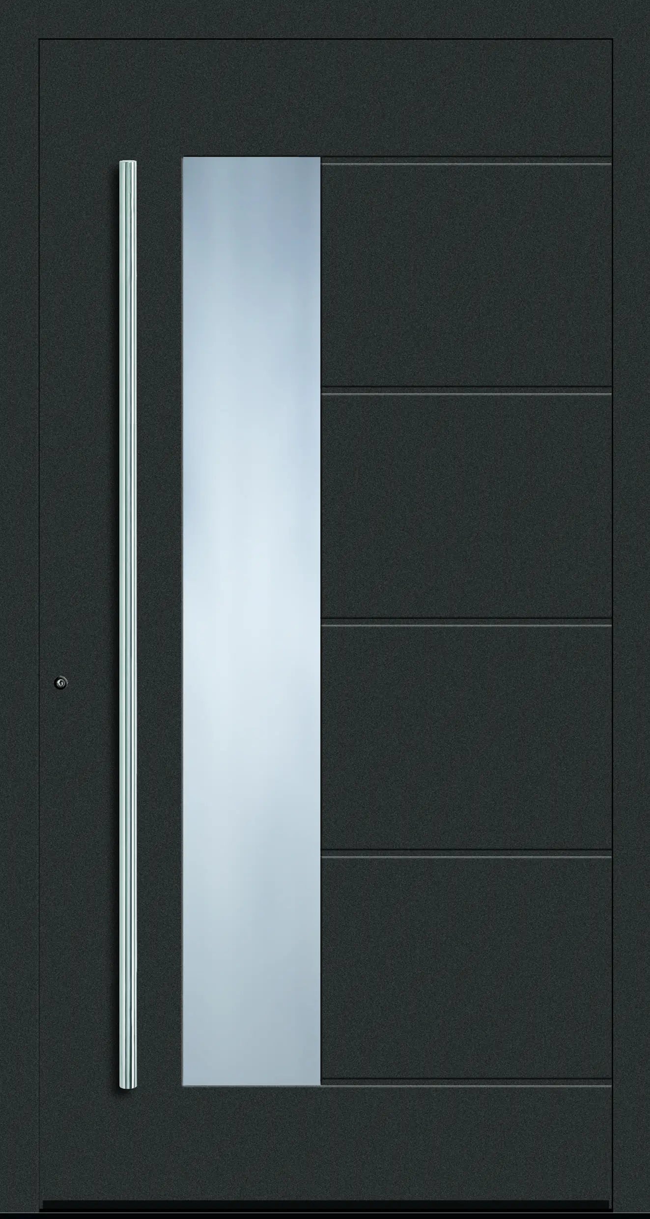 Aluminium Haustür mit seitlich versetzen Glas und fünf eingelassenen Nuten in DB703 Dreh Links