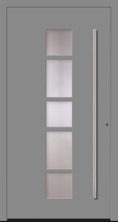 Schüco Haustür mit mittigem Lichtausschnitt unterteilt in Farbton Graualuminium Dreh Rechts